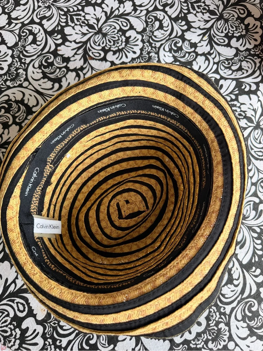 Calvin Klein Black Tan Striped Woven Fedora Hat